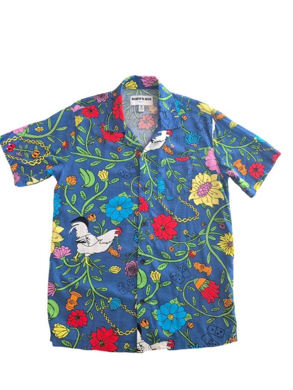 Roberto Lugo Floral Rooster Short Sleeve Hawaiian resort Shirt size S